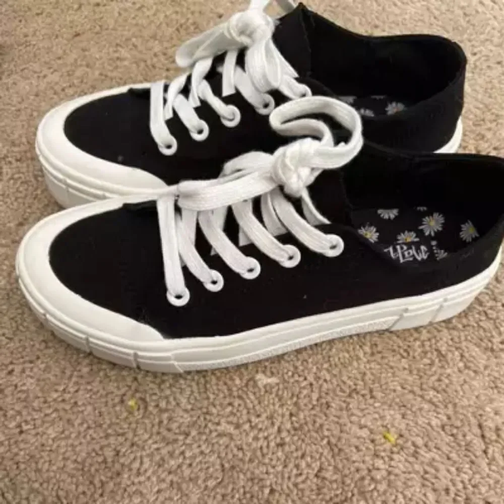 Ladies Black And White Platform Canvas Sneakers